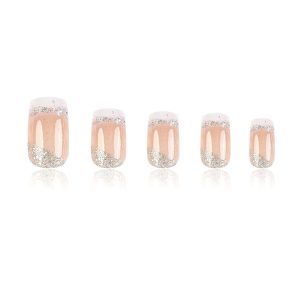 Square Press On Medium French Tips Silver Glitter Acrylic Nails