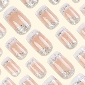 Square Press On Medium French Tips Silver Glitter Acrylic Nails